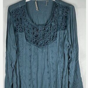 Soft Surroundings Blue Embroidered Velvet Tunic Top Womens L Flowy Rayon